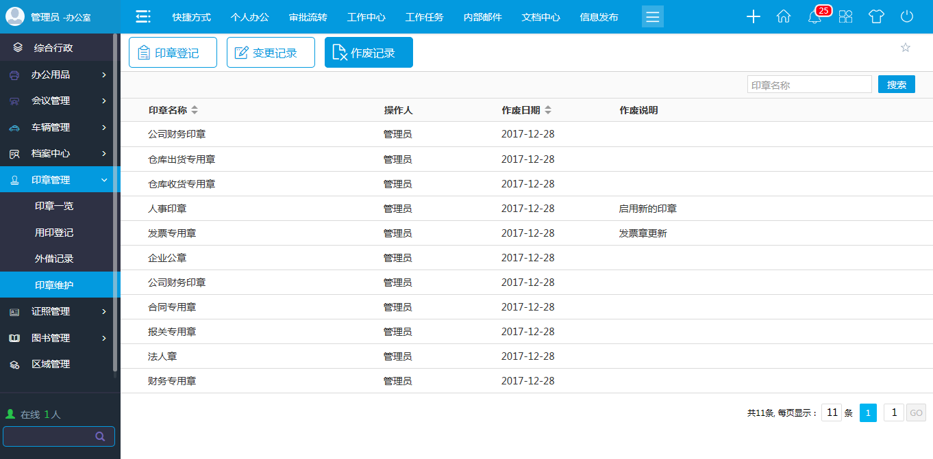 oa印章維護-進行新建、修改、作廢等維護操作